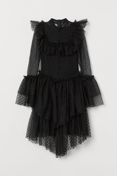 Tulle-skirt Lace Dress - Black