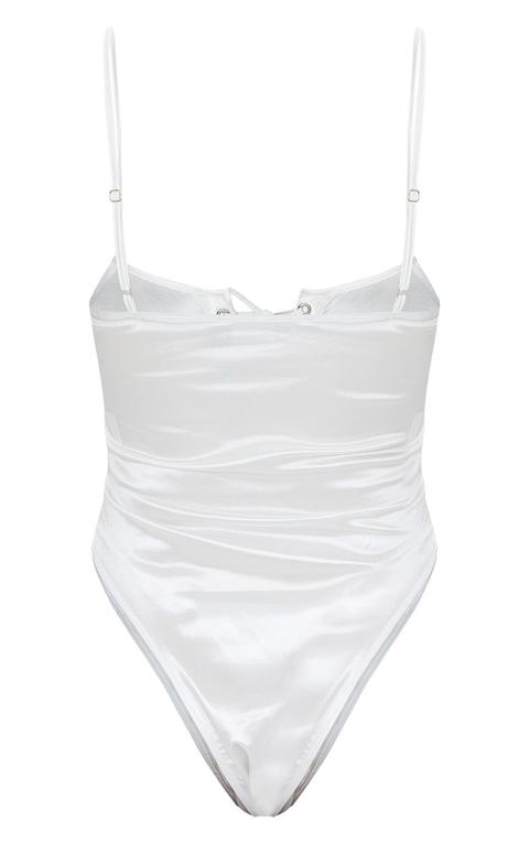 White Satin Lace Up Front Bodysuit