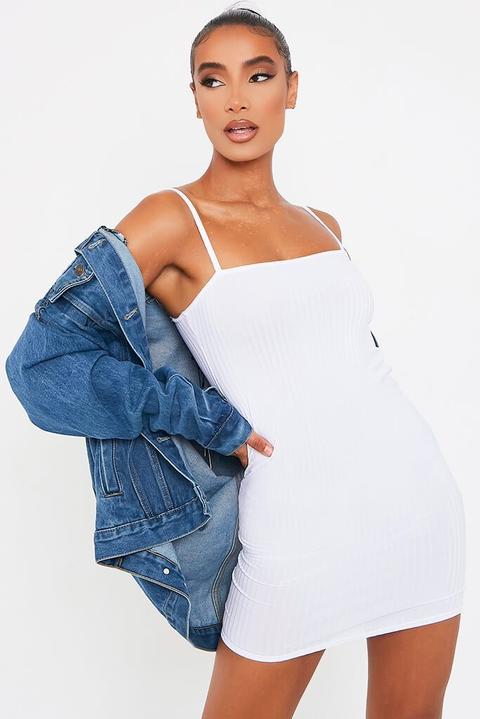 White Ribbed Square Neck Bodycon Dress