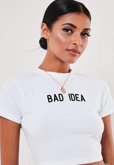 Petite White Bad Idea Embroidered Crop Top, White