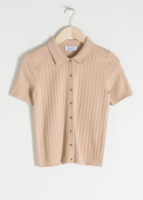 Eyelet Knit Polo Top - Beige