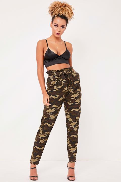 Nadine Khaki Camo Print Paper Bag Trousers