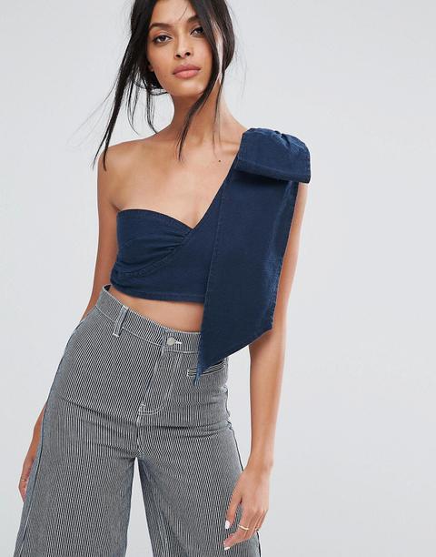 Asos - Top Corto Di Jeans Monospalla Blu Lavaggio Scuro - Blu