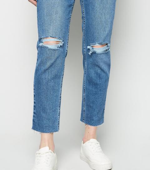 blue ripped high waist tori mom jeans