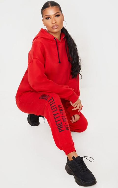 Prettylittlething Red Slogan Printed Joggers