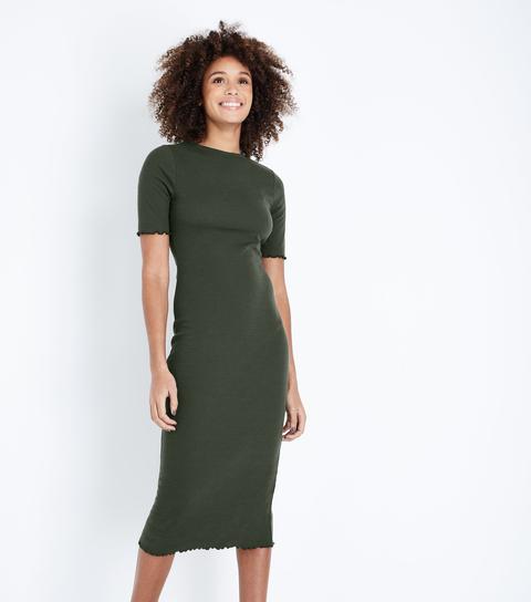 Khaki Ribbed Bodycon Midi Dress New Look