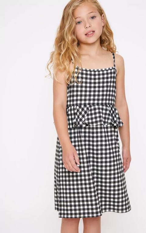 Frill Detail Gingham Black Dress, Black