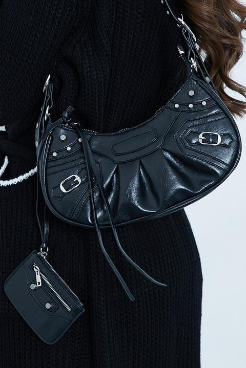 Black Studded Curved Crossbody Bag , Black