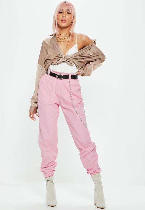 Pink Chain Detail Cargo Trousers, Pink