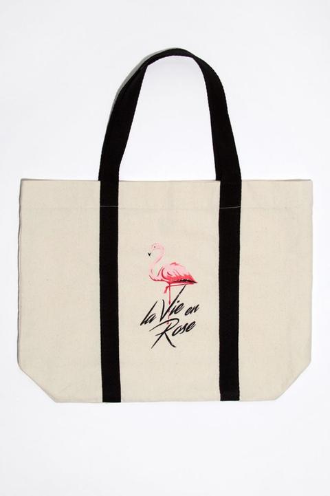 Borsa In Tela Bianca Con Flamingo
