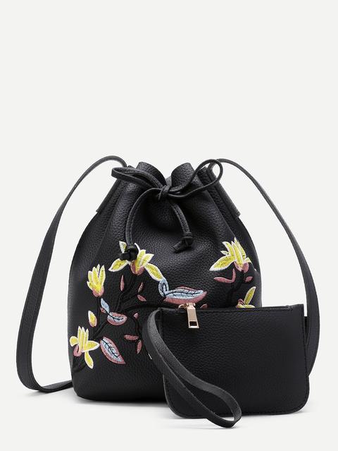 Borsa A Secchiello Con Ricamo Di Fiore Con Pochette