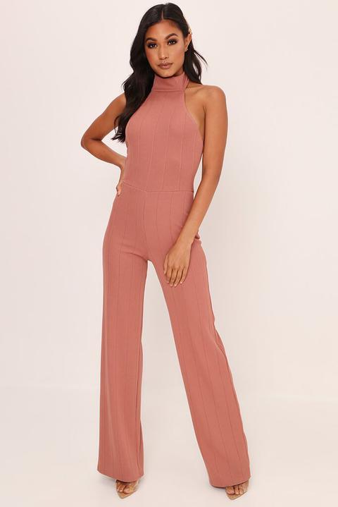Rose Pink Halterneck Wide Leg Bandage Jumpsuit