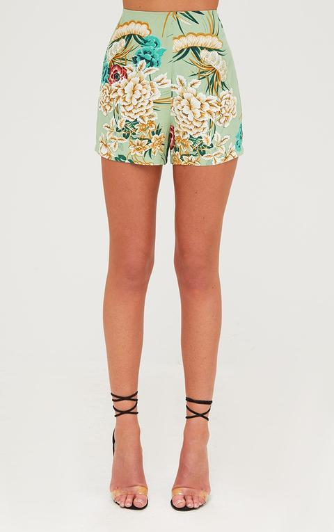 Sage Green Floral Kimono Shorts