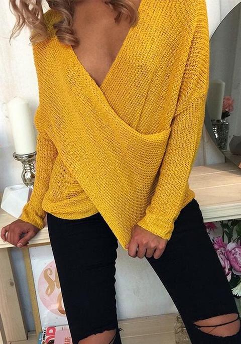 Pullover Irregolare V-collo Casuale Giallo