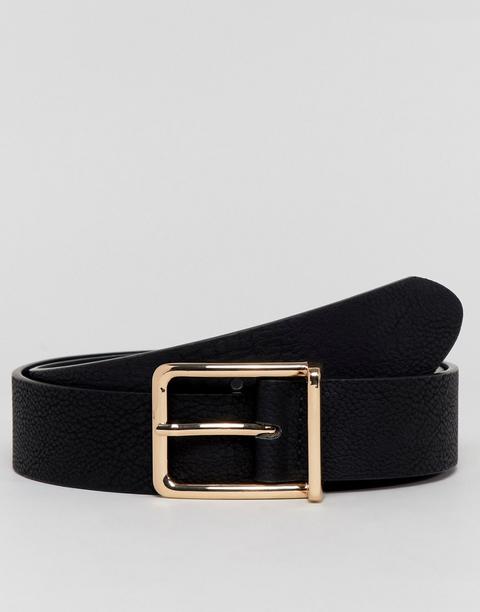 Asos Design Faux Leather Wide Belt In Black Pebble Grain And Gold Buckle