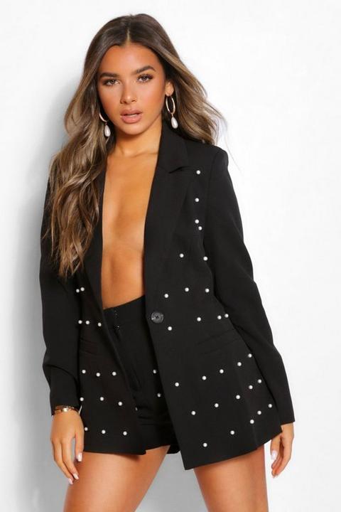 Womens Petite Pearl Detail Blazer - Black - 6, Black