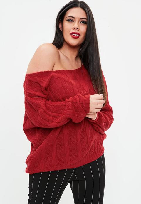 Curve Red Off Shoulders Knitted Jumper, Red