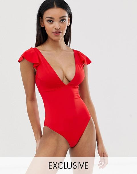 Esclusiva Asos Design Coppe Grandi - Costume Da Bagno Scollo Profondo Riciclato Rosso Con Maniche A Volant