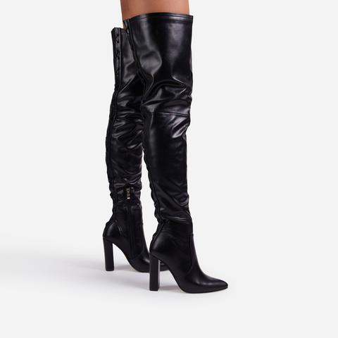 Invasion Block Heel Lace Up Over The Knee Thigh High Long Boot In Black Faux Leather, Black