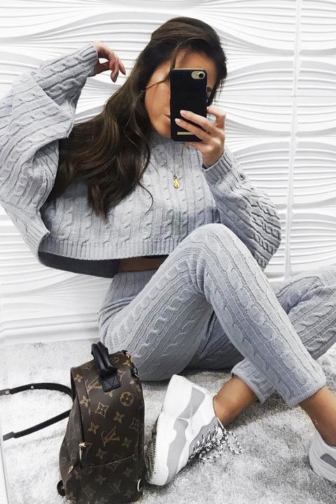 Grey Cable Knit Batwing Jumper Loungwear Set - Janea