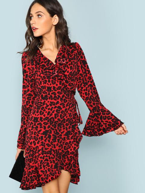 Wrap Dress Sovrapposizione Trim Con Volant E Stampa Leopardata