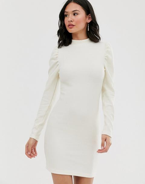 Glamorous Jumper Dress With Puff Sleeves In Fine Knit-cream