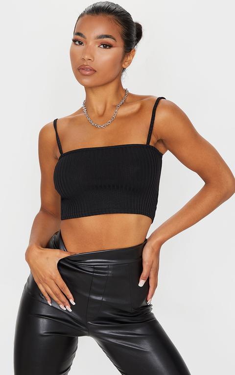 Black Rib Square Neck Strappy Crop Top