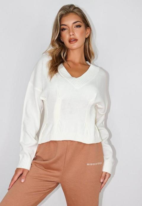 White Cinched Waist Knitted Jumper, White