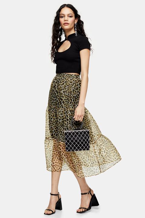 Womens Leopard Print Organza Tiered Midi Skirt - True Leopard, True Leopard