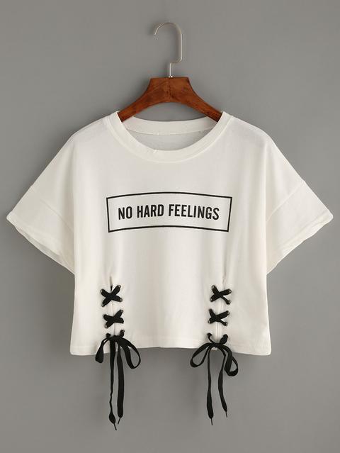 T-shirt Crop Stampa Lettere In Pizzo - Bianco