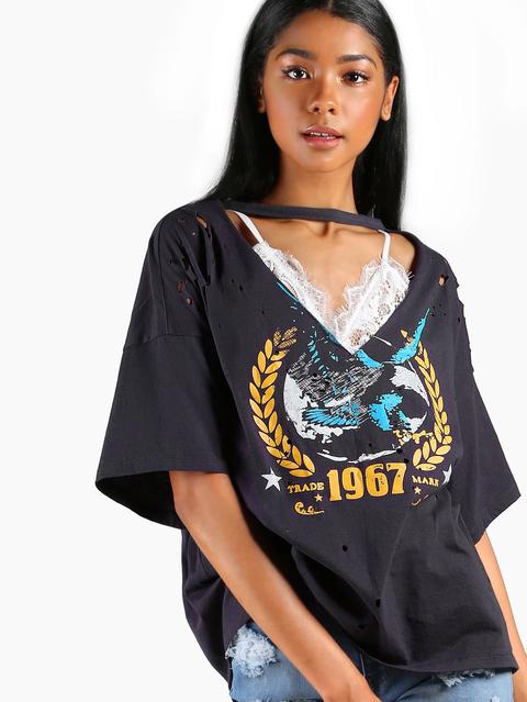 Plunging Choker Neck Drop Shoulder Distressed Graphic Tee