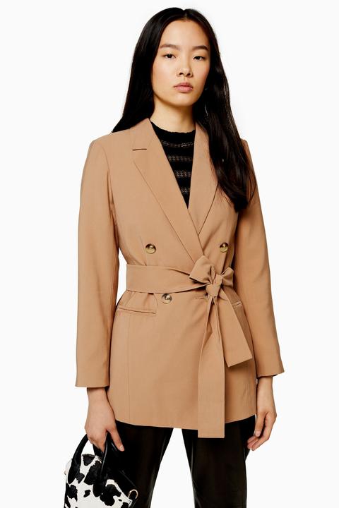 Womens Camel Double Breasted Belted Twill Blazer - Camel, Camel