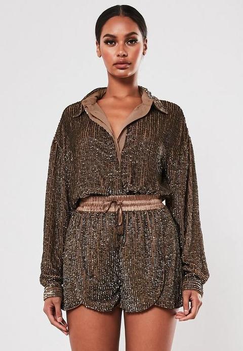 Gold Sequin Embellished Drape Shirt, Gold