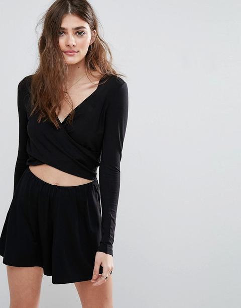 Asos - Tuta Corta A Portafoglio Con Cut-out E Maniche Lunghe - Nero