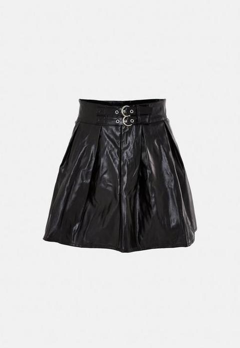 Black Faux Leather Pleated Mini Skirt, Black