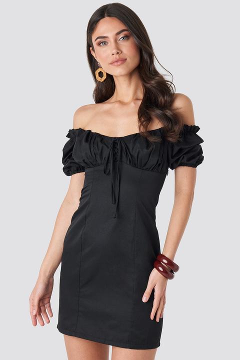 Tie Front Off Shoulder Mini Dress Schwarz