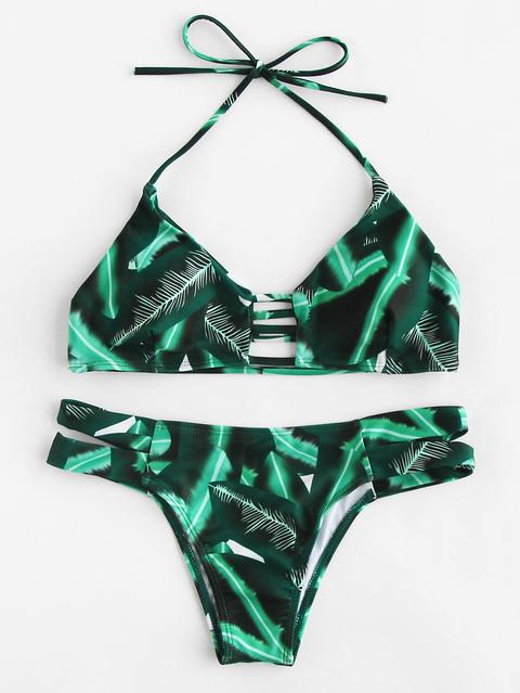 Set Di Bikini Allacciato Al Collo Con Stampa Tropicale