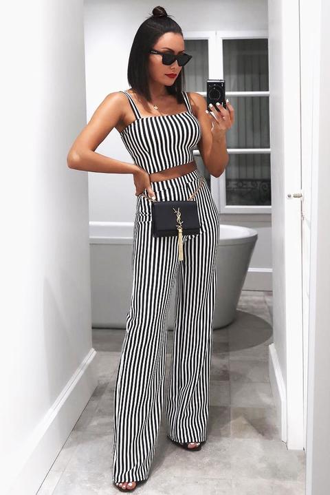 Black And White Stripe Crop Top And Trousers Co-ord Set - Kimmy