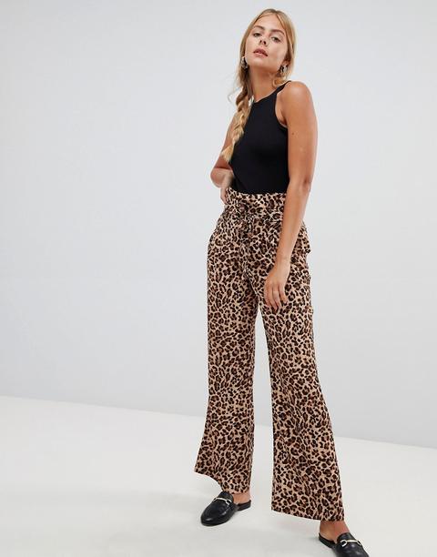 Pantalones De Pernera Ancha Con Cintura Paperbag Y Estampado De Leopardo De Qed London