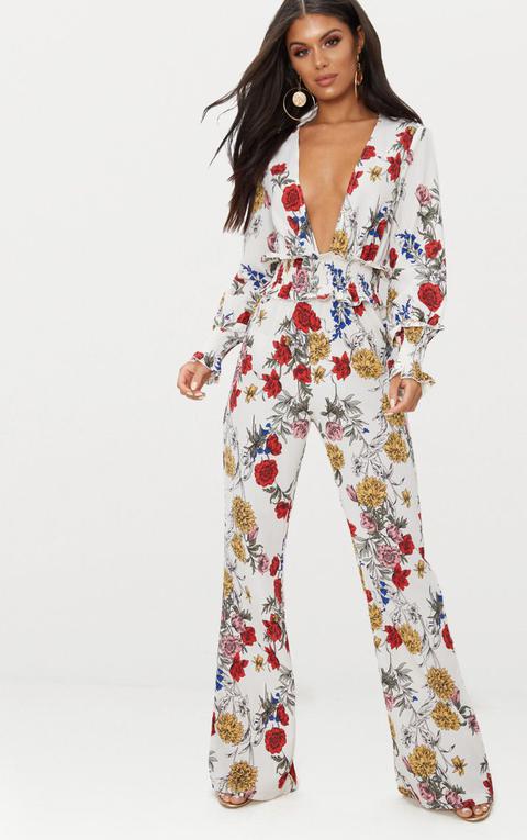 White Floral Shirring Waist Detail Jumpsuit