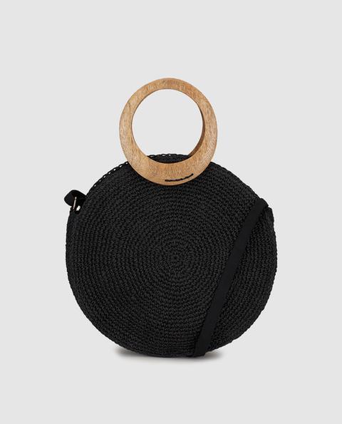 Amitie - Bolso De Mano Redondo De Piel En Negro Con Asa De Madera