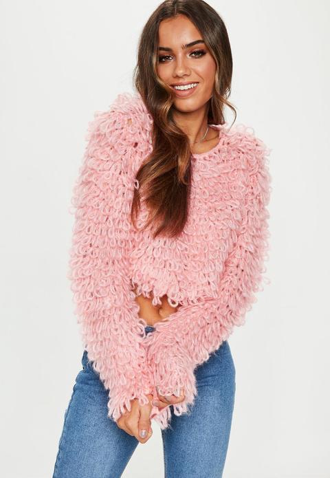 Pink Loopy Shaggy Knitted Cropped Jumper, Pink