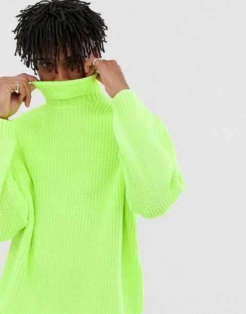 Asos Design - Pull Col Roulé Oversize En Maille Côtelée - Vert Fluo - Vert