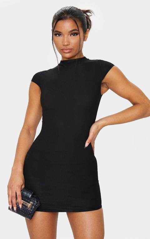 Black High Neck Ribbed Bodycon Dress