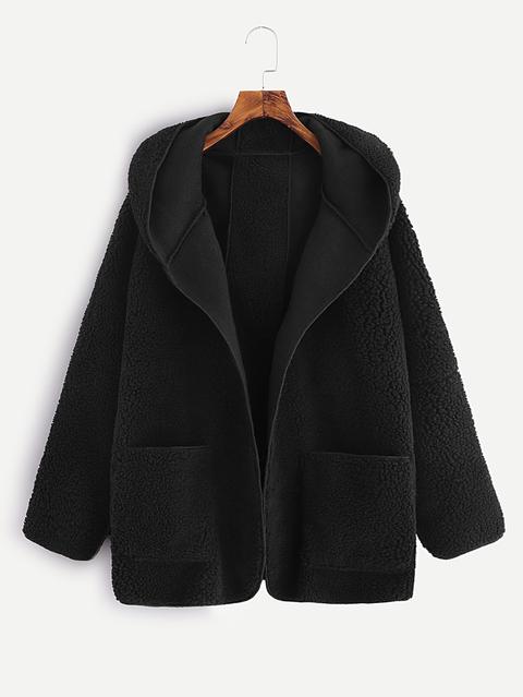 Drop Shoulder Dual Pocket Hooded Coat