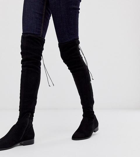 Asos Design Wide Fit Wide Leg Kayden Flat Thigh High Boots In Black