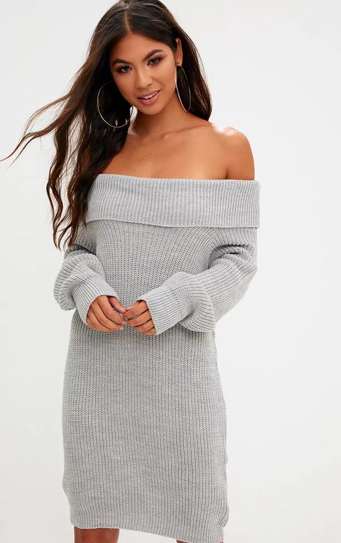 Grey Off Shoulder Oversized Knitted Mini Dress, Grey