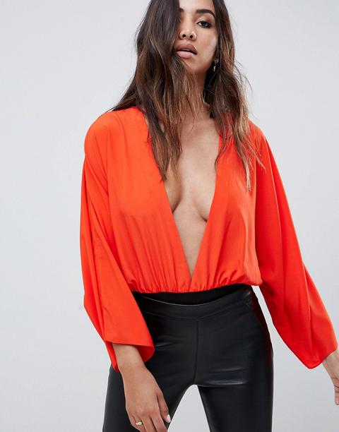 Asos Design - Body A Maniche Lunghe Con Scollo Profondo - Rosso