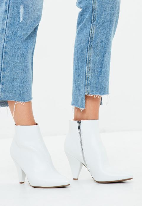 White Cone Heel Ankle Boots, White