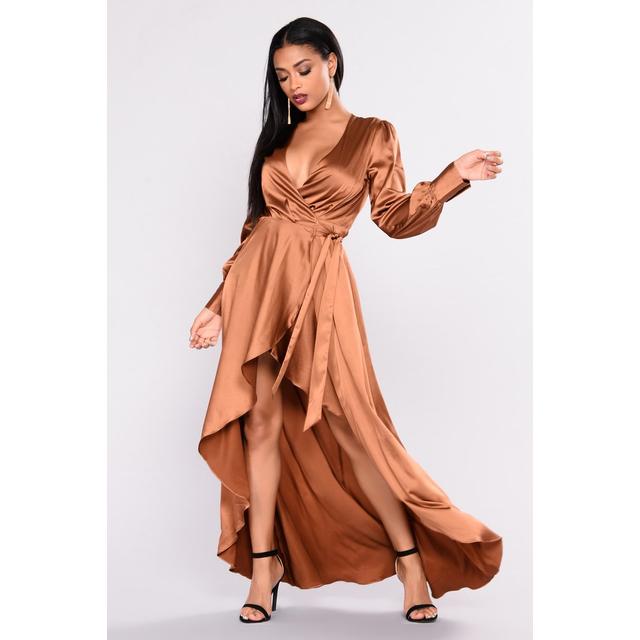 Sulty Vixen Satin Wrap Dress - Brown from Fashion Nova on 21 Buttons
